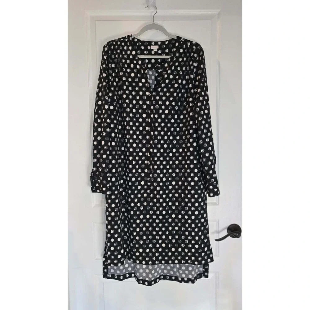 Merona Women's Black Polka Dot‎ High Low Shirt Long Sleeve Pockets Dress Size L